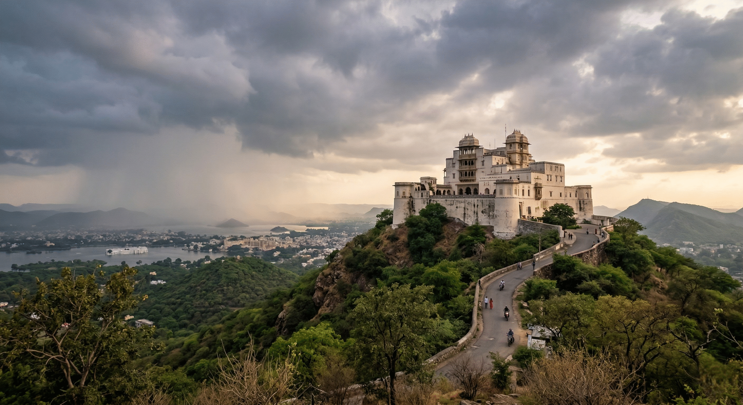 Panoramic view of Sajjangarh Monsoon Palace Udaipur at sunset - Luxury Rajasthan travel experience by Alibaba Holidays