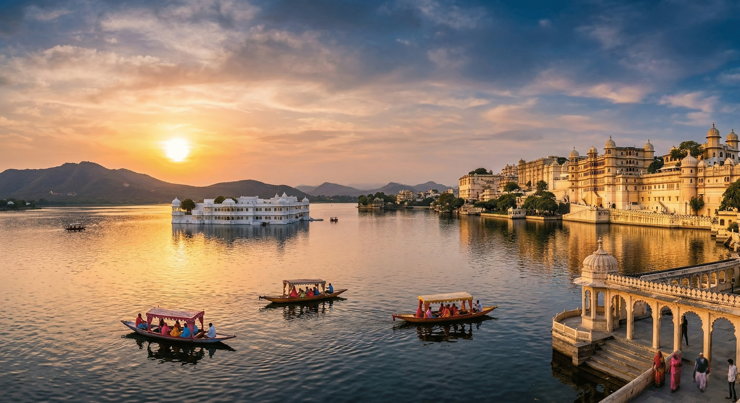 Scenic boat ride on Lake Pichola at sunset with views of Taj Lake Palace - Best Udaipur tour packages by Alibaba Holidays