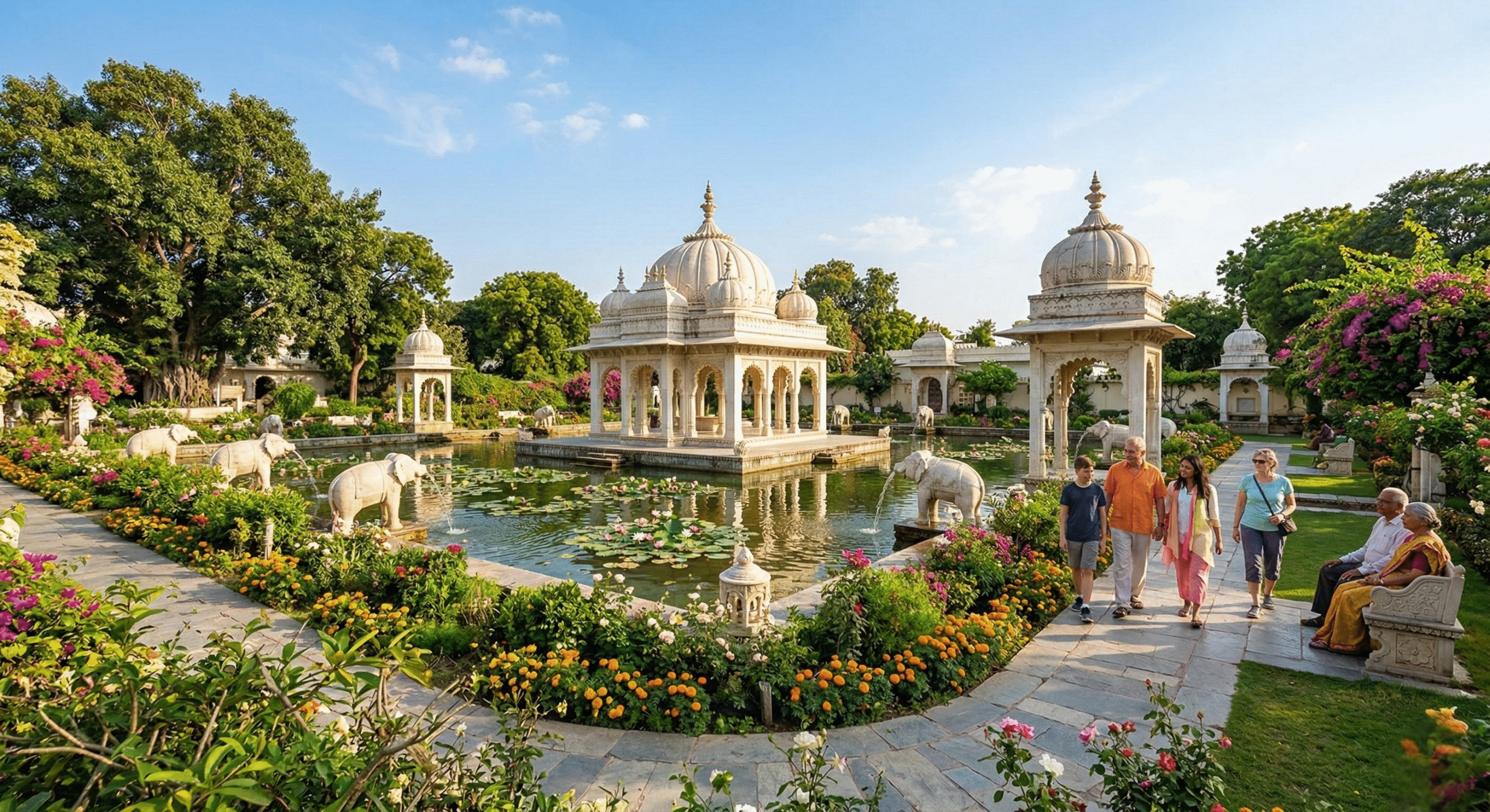 Beautiful marble fountains and lotus pools at Saheliyon-ki-Bari Udaipur - Heritage garden tours by Alibaba Holidays
