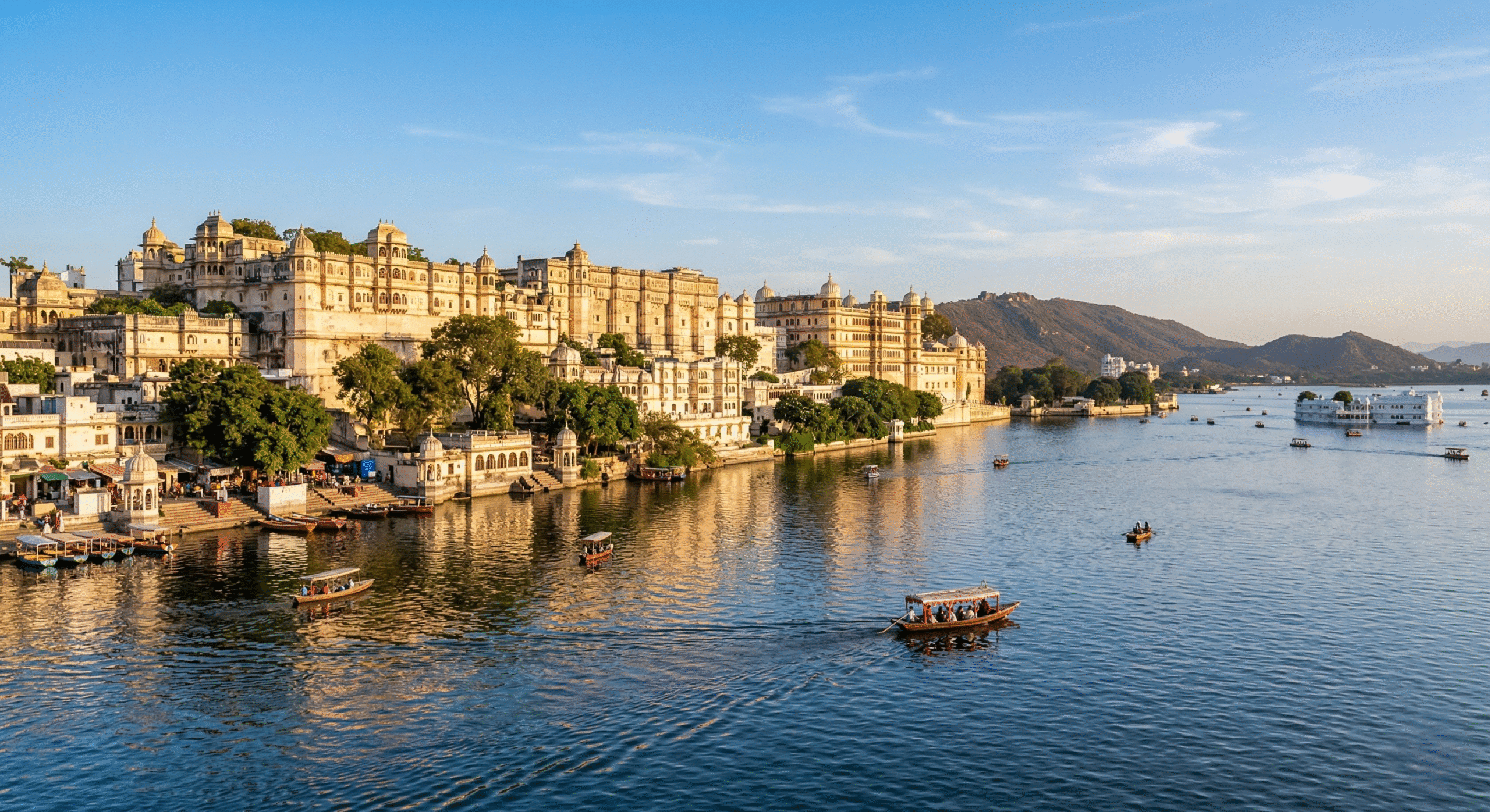 Majestic City Palace Udaipur at sunset overlooking Lake Pichola - Best Rajasthan royal heritage tours by Alibaba Holidays