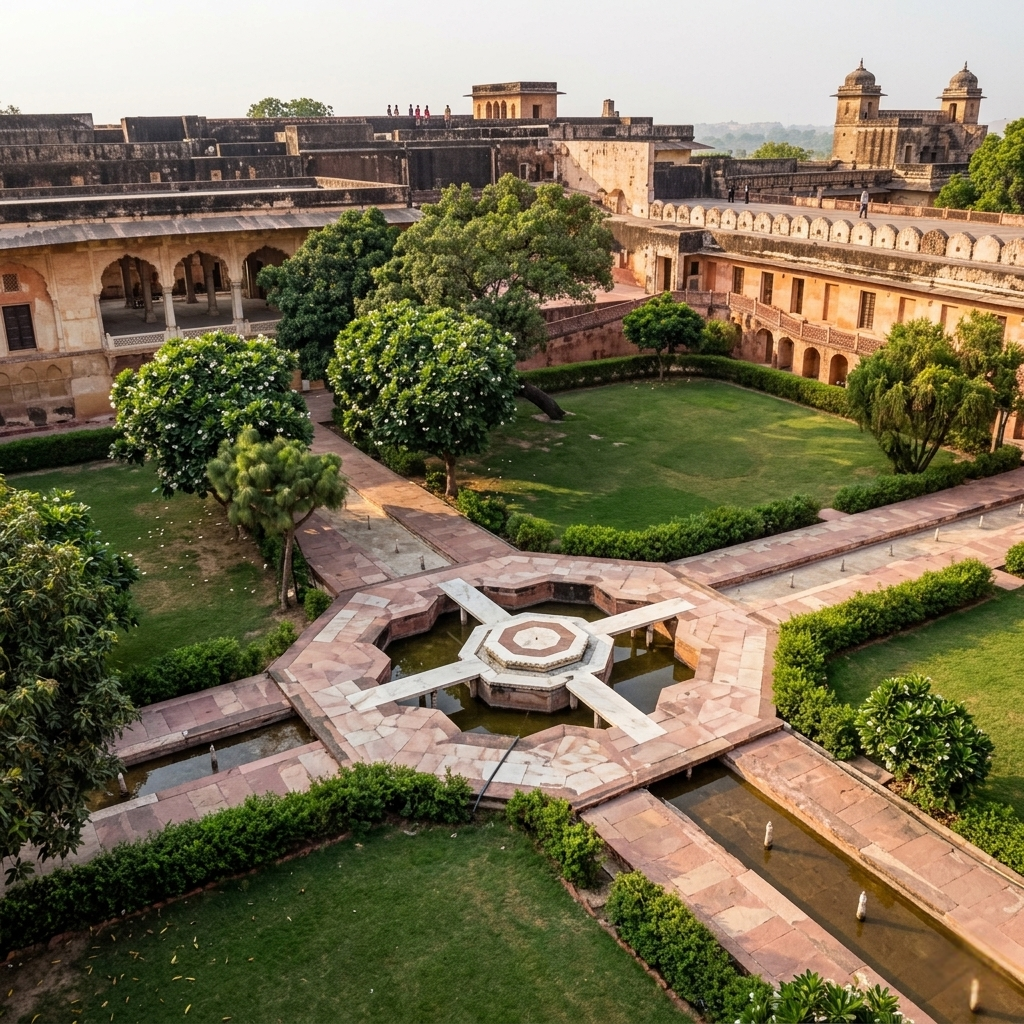 The massive red sandstone walls and watchtowers of Jaigarh Fort stretching across the ridge of the Aravalli hills in Jaipur