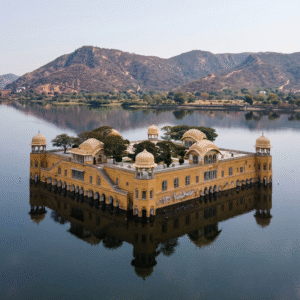 The beautiful Jal Mahal Water Palace in Jaipur, India, reflecting on Man Sagar Lake during a scenic day tour.