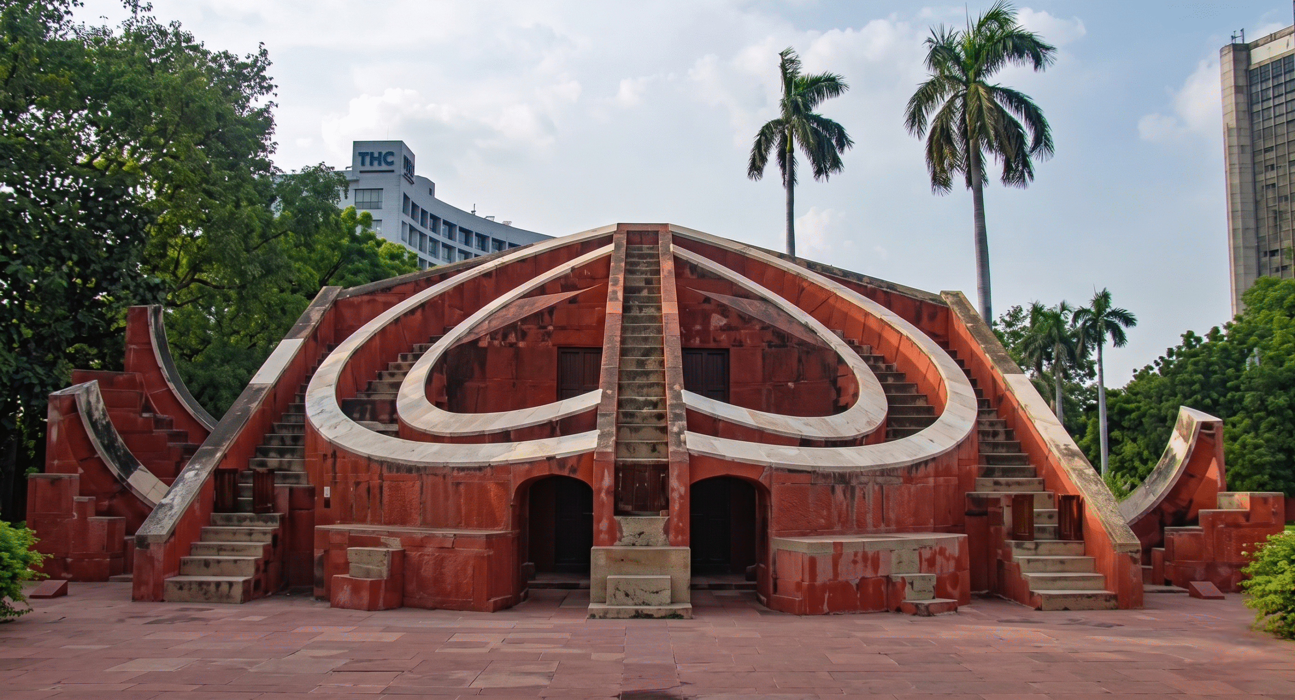 The giant geometric stone architectural instruments and sundials inside the open-air observatory at Jantar Mantar Jaipur.