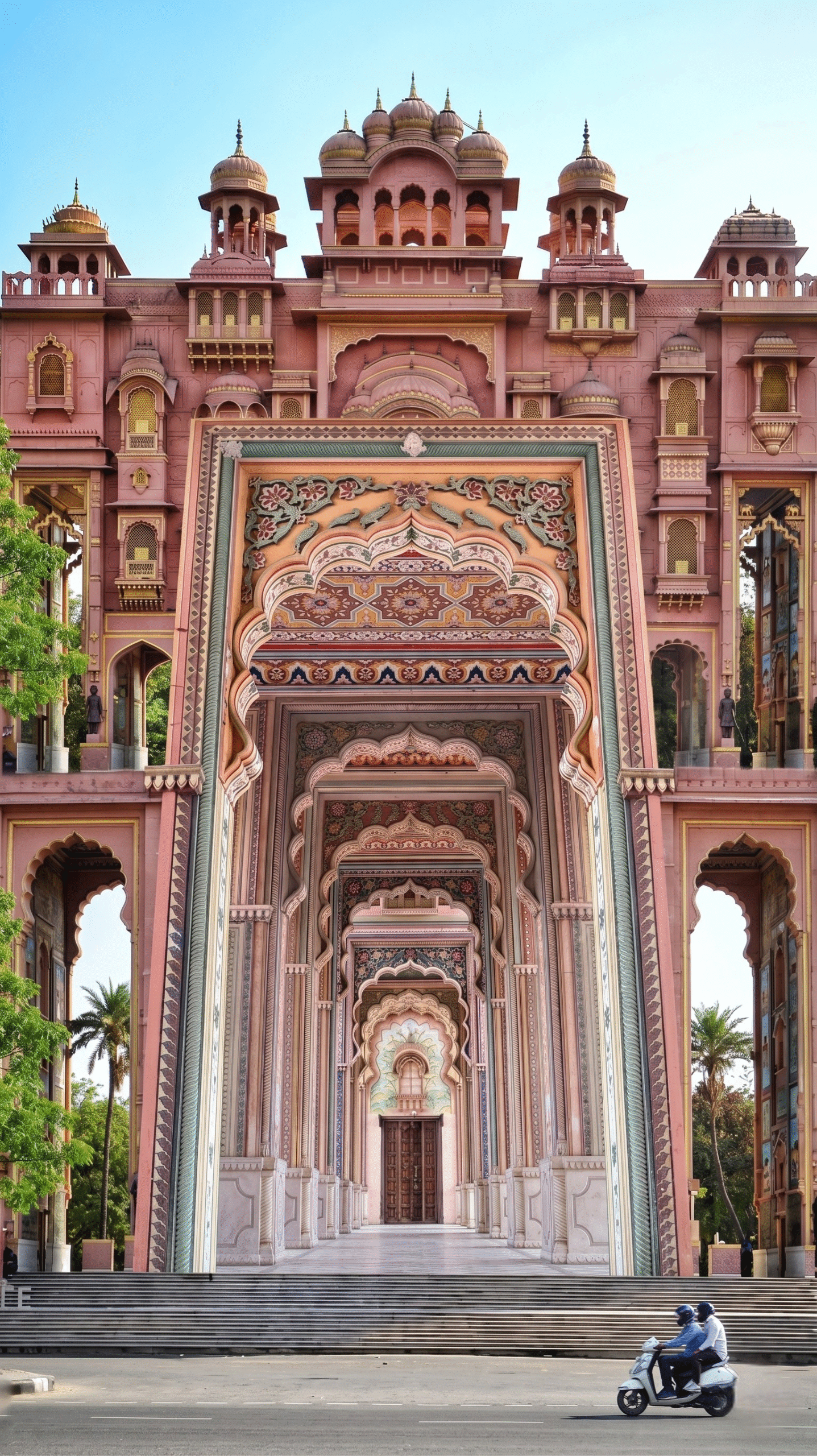 The vibrant, hand-painted rainbow archways and detailed frescoes inside the long walkway of Patrika Gate in Jaipur.