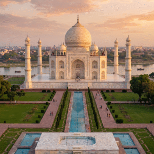 The iconic Taj Mahal in Agra, India, viewed from the central reflecting pool during a scenic sunrise, a highlight of the Golden Triangle tour