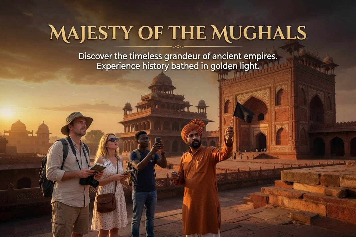 Picture of Fatehpur Sikri with a tour guide and foreinger tourist