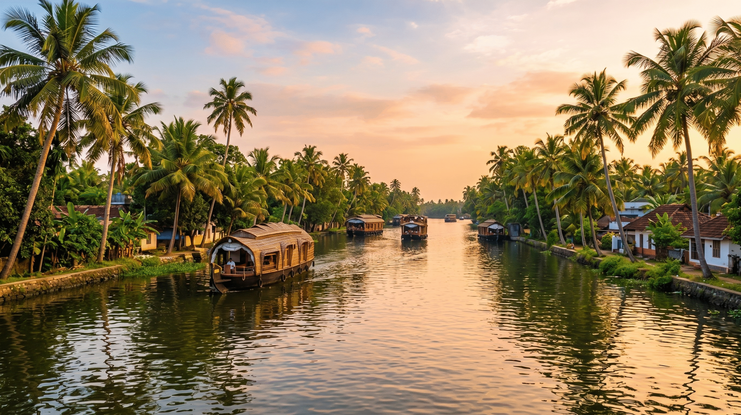 A traditional thatched-roof wooden houseboat cruising along the calm, palm-fringed backwater canals of Alleppey Kerala
