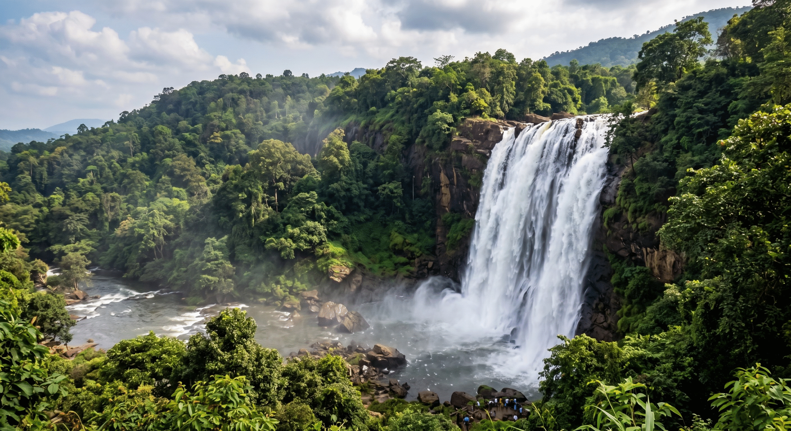 The massive, wide cascade of Athirappilly Waterfalls rushing down into the river surrounded by dense green tropical forests in Kerala