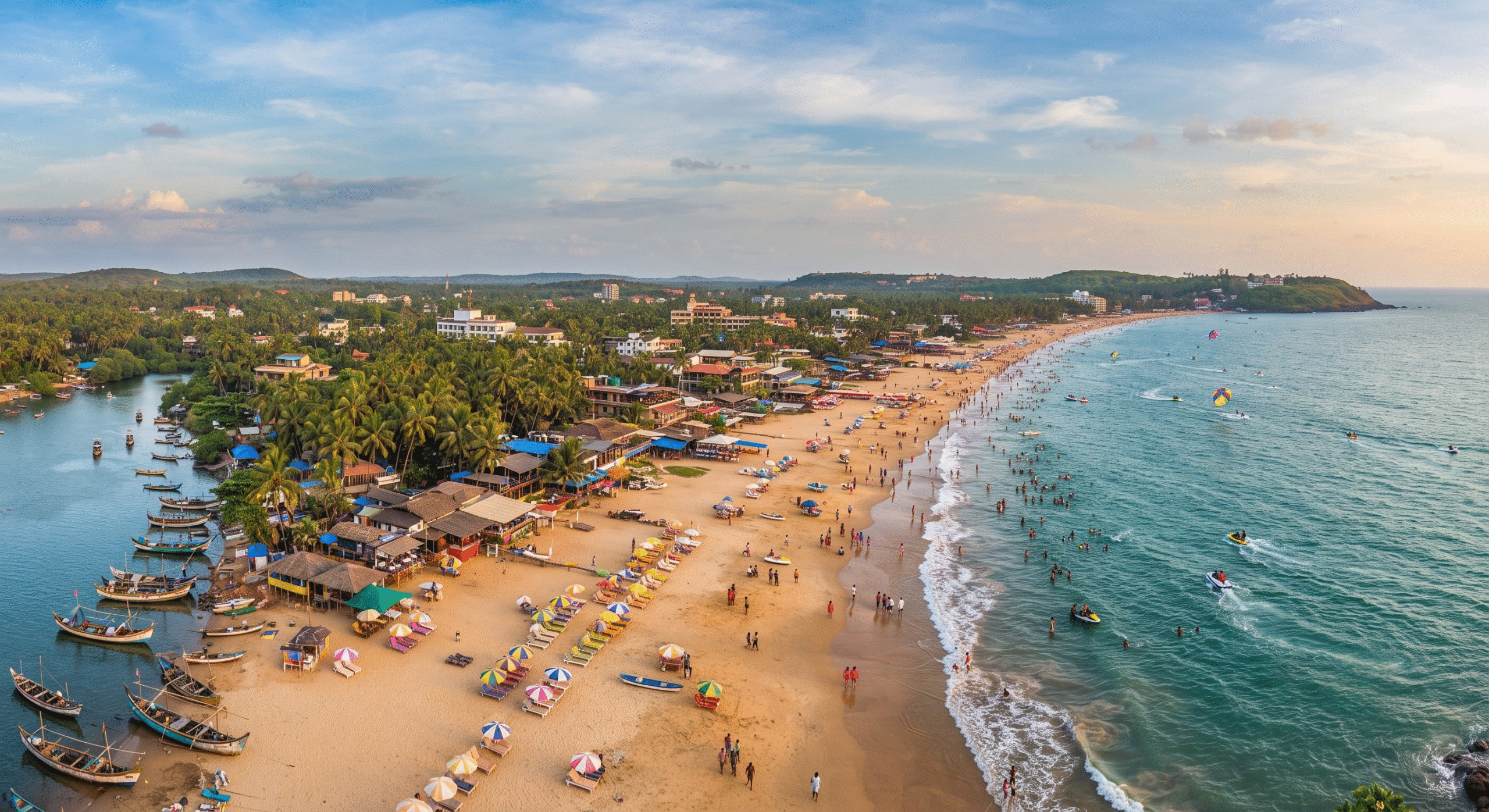 Colorful sunbeds, umbrellas, and lively beach shacks along the golden sands of Baga and Calangute Beach in North Goa.