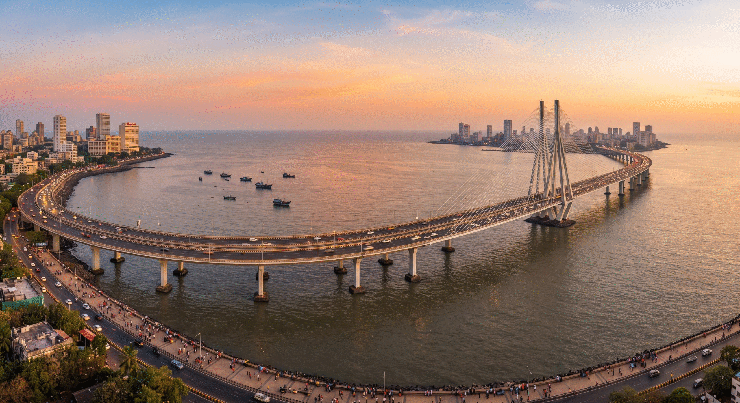The illuminated cable-stayed towers of the Bandra Worli Sea Link Mumbai stretching across the Arabian Sea at sunset.