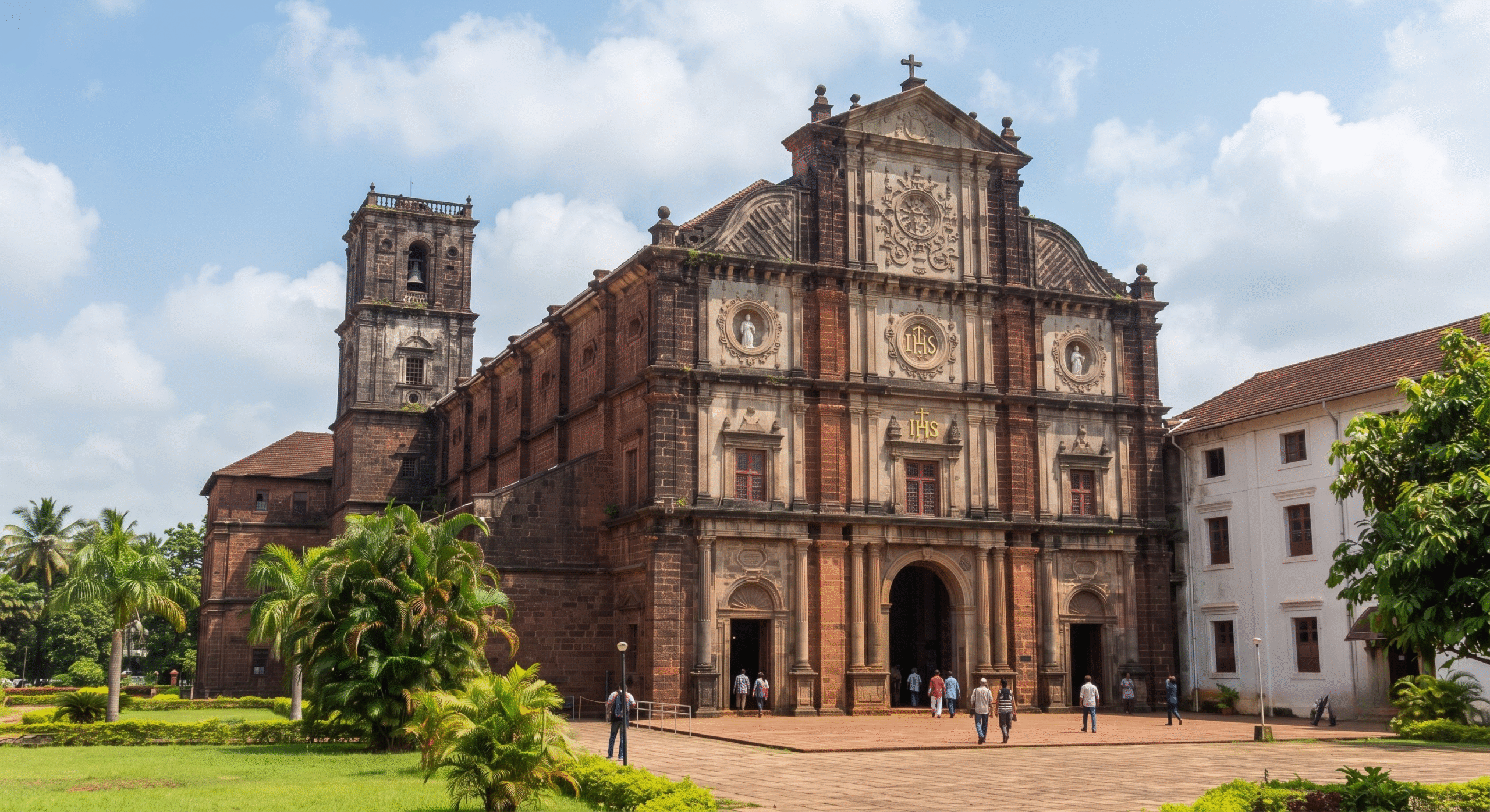 The historic exposed black laterite stone facade of the Basilica of Bom Jesus church in Old Goa.