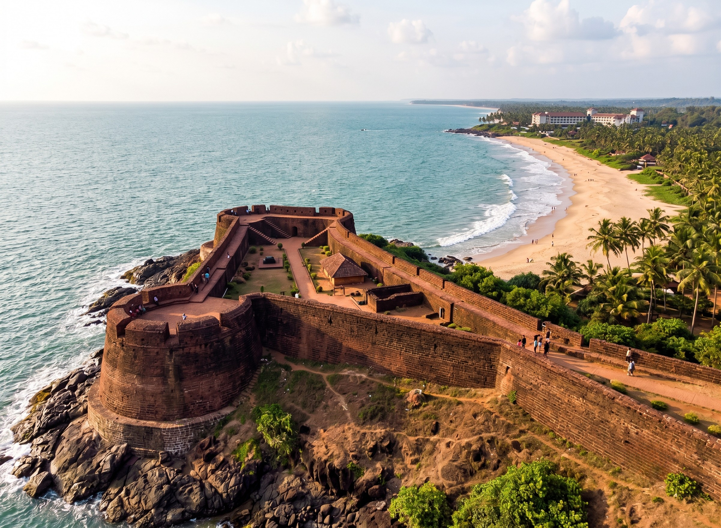 The massive stone walls and observation tower of the historic Bekal Fort overlooking the crashing waves of the Arabian Sea in Bekal Kerala.