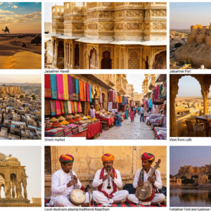 A beautiful culture collage of Rajasthan featuring Jaisalmer fort heritage architecture, traditional musicians in colorful turbans, and local artisan puppets.