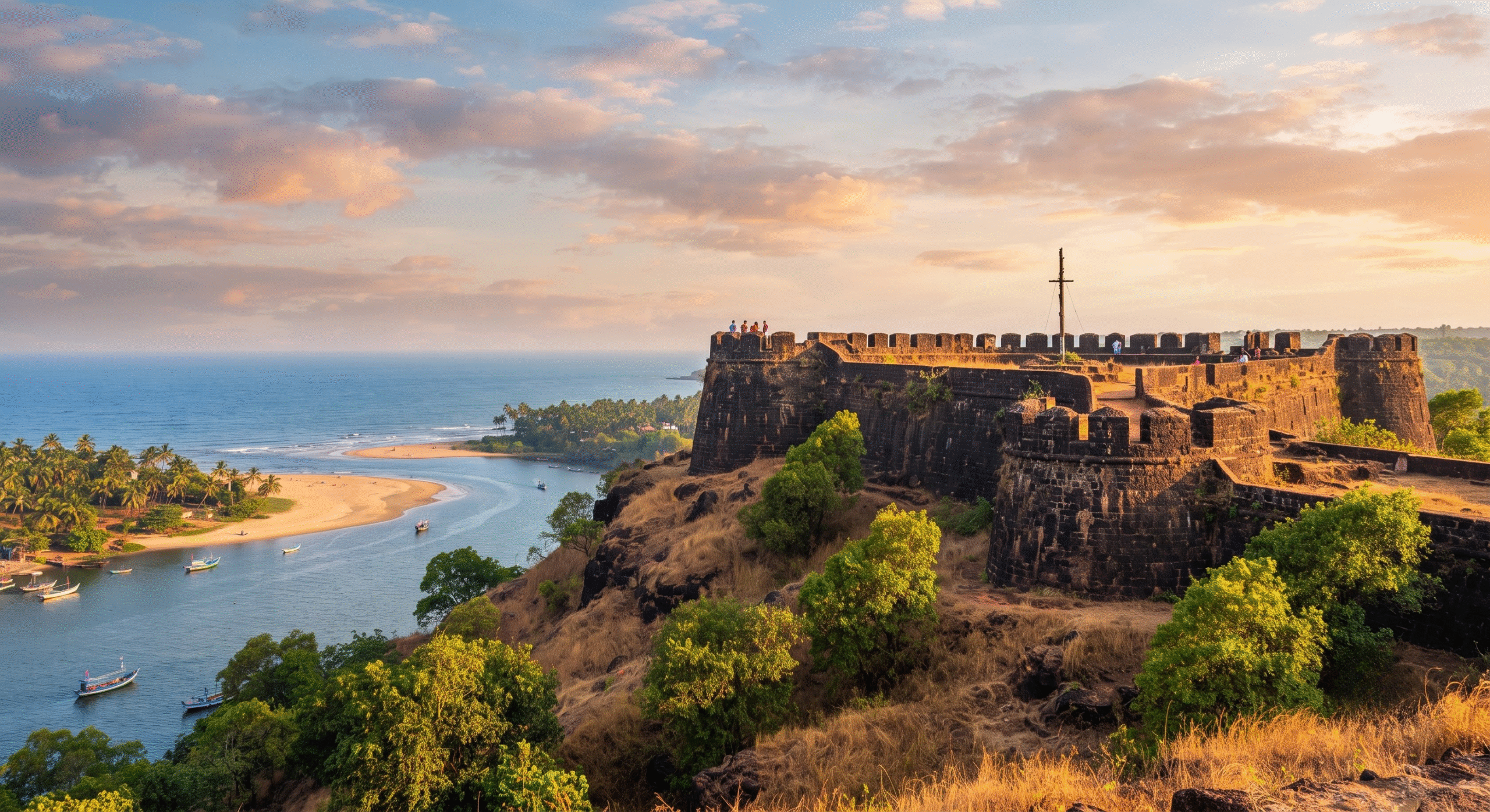 The colossal laterite stone fort walls and iconic lighthouse of Fort Aguada Goa overlooking the Arabian Sea.