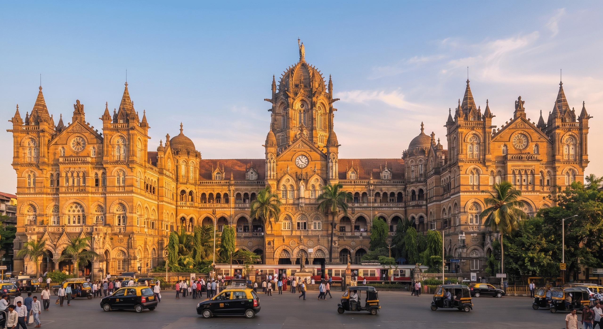 The grand stone facade, intricate carvings, and illuminated central dome of the historic CSMT Station Mumbai.