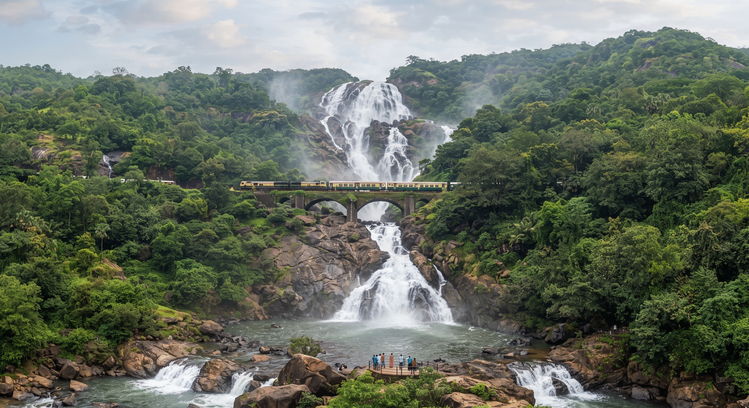 The massive four-tiered white cascade of Dudhsagar Falls roaring behind a historic railway bridge surrounded by lush green jungle.