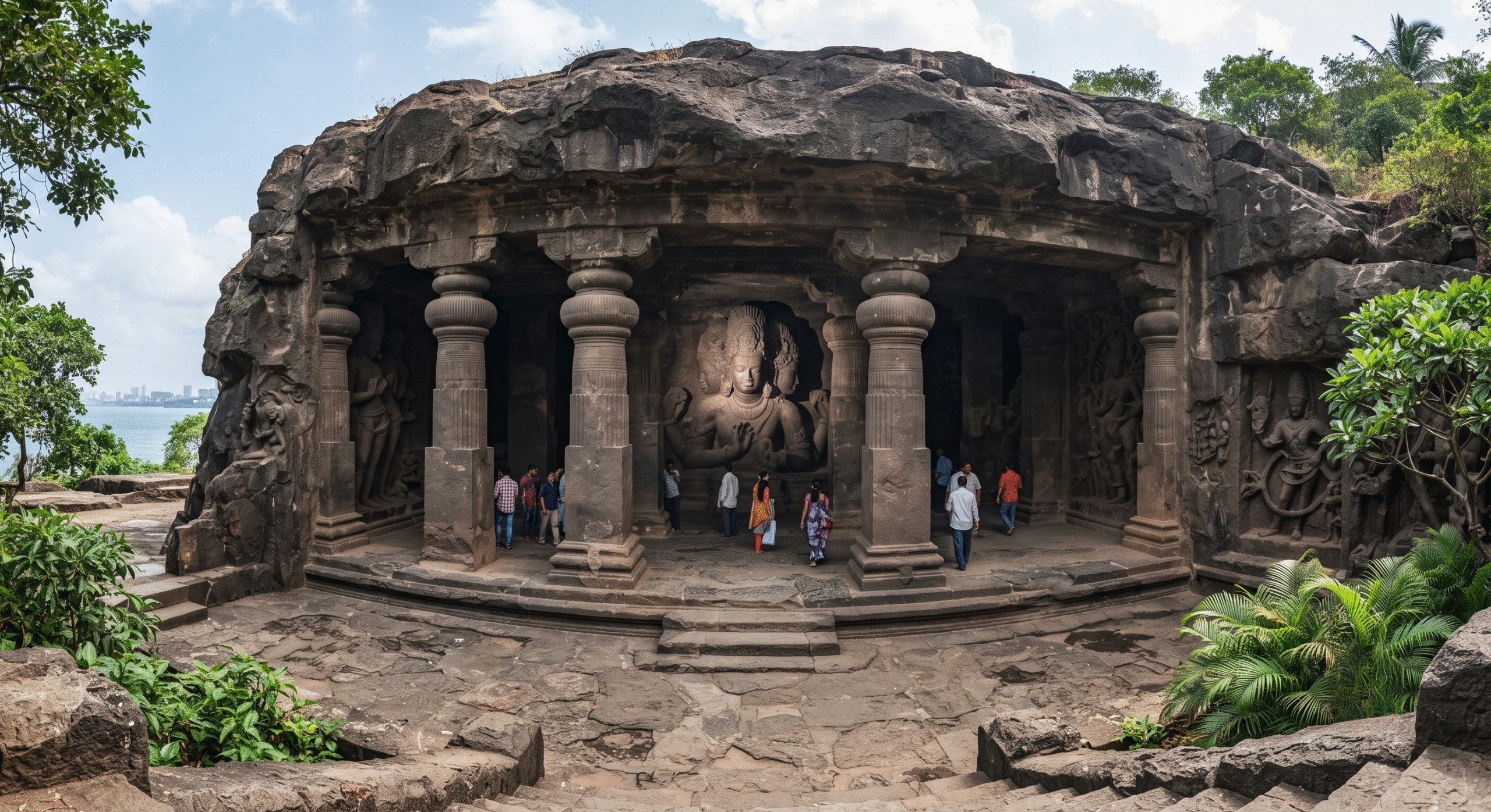 The famous three-headed Trimurti stone sculpture of Lord Shiva carved inside the rock-cut pillared halls of the Elephanta Caves Mumbai.
