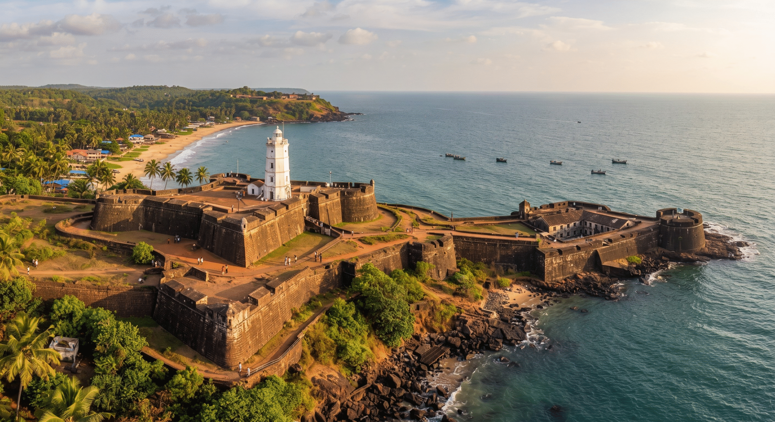 The historic stone walls and iconic white lighthouse of Fort Aguada Goa overlooking the sea.