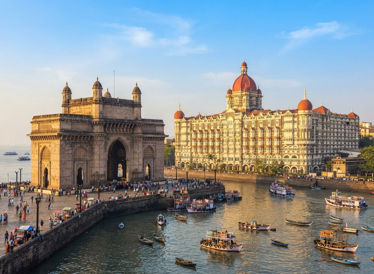 The grand dome and Indo-Saracenic architecture of the historic CSMVS Museum Mumbai surrounded by green palm trees.