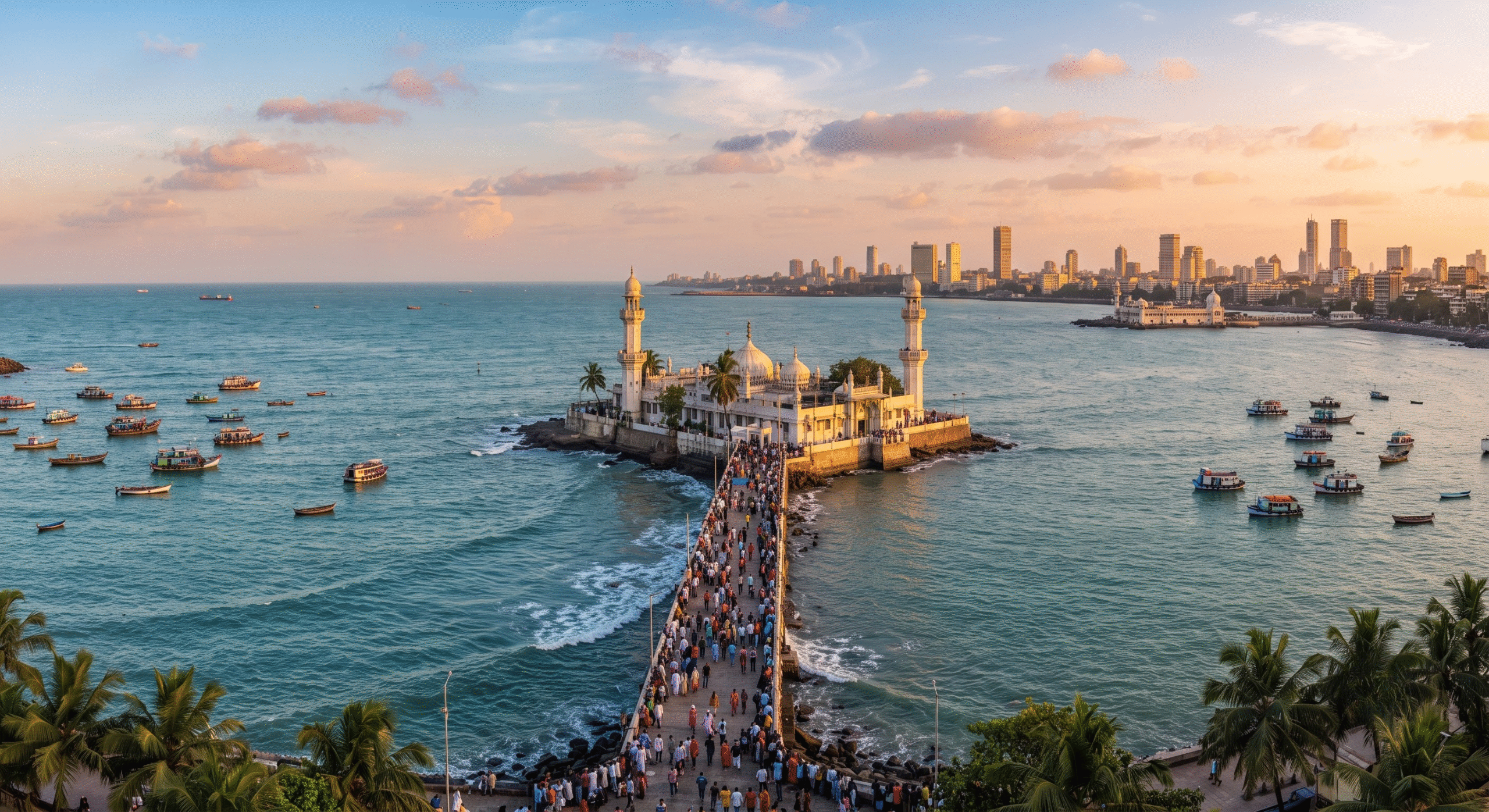 The white domes and minarets of the historic Haji Ali Dargah Mumbai surrounded by the Arabian Sea at low tide.