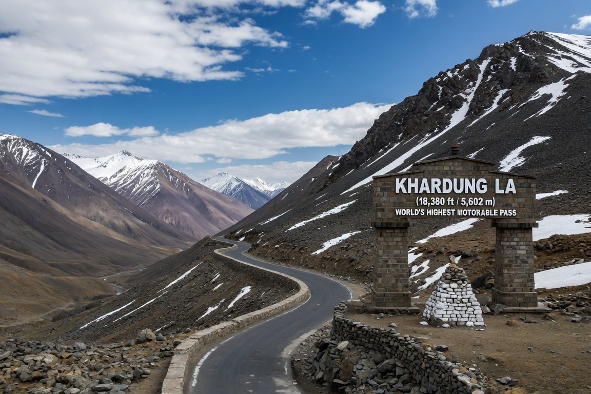 Colorful Tibetan prayer flags fluttering in the wind at the snow-covered summit sign of Khardung La pass in Ladakh