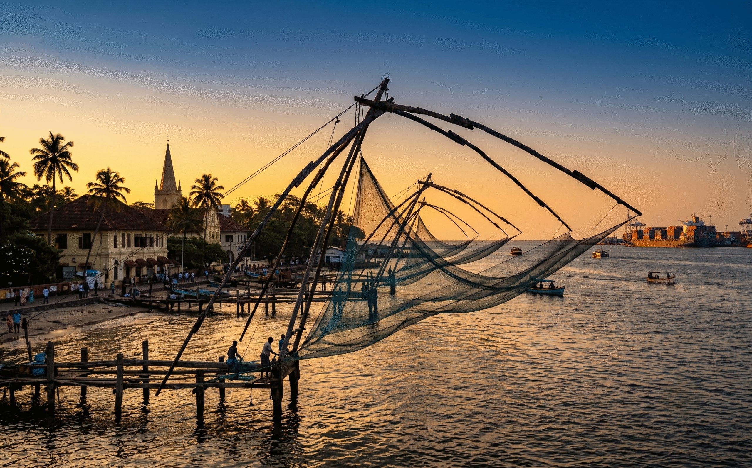The iconic giant wooden Chinese fishing nets lined up along the water during sunset in Fort Kochi Kerala