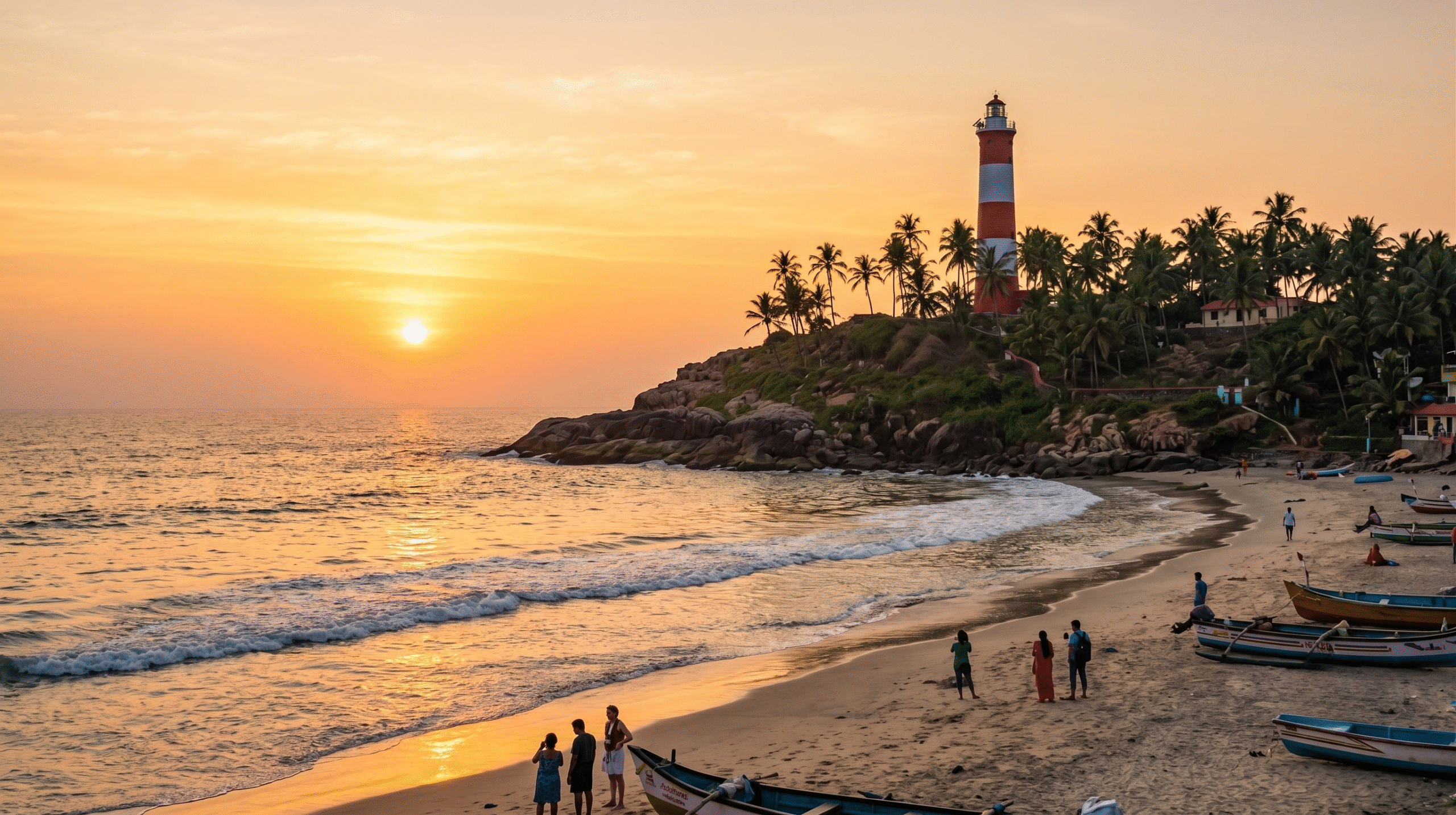 A wide view of the golden sandy shoreline and rows of green coconut palms at the famous Kovalam Kerala beach.