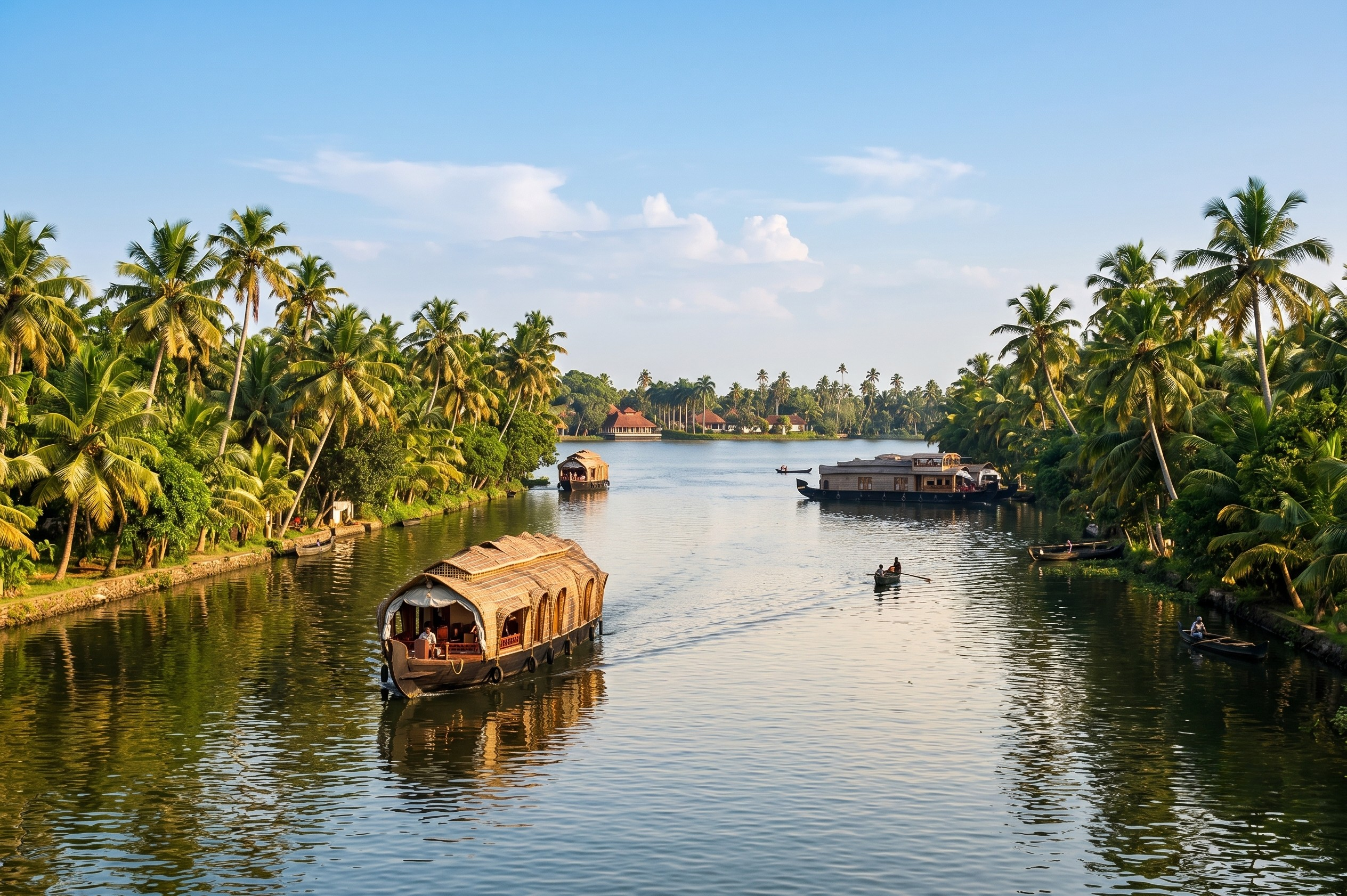 A luxury resort pool and traditional houseboats floating along the calm backwaters of Kumarakom Kerala lined with coconut palms.