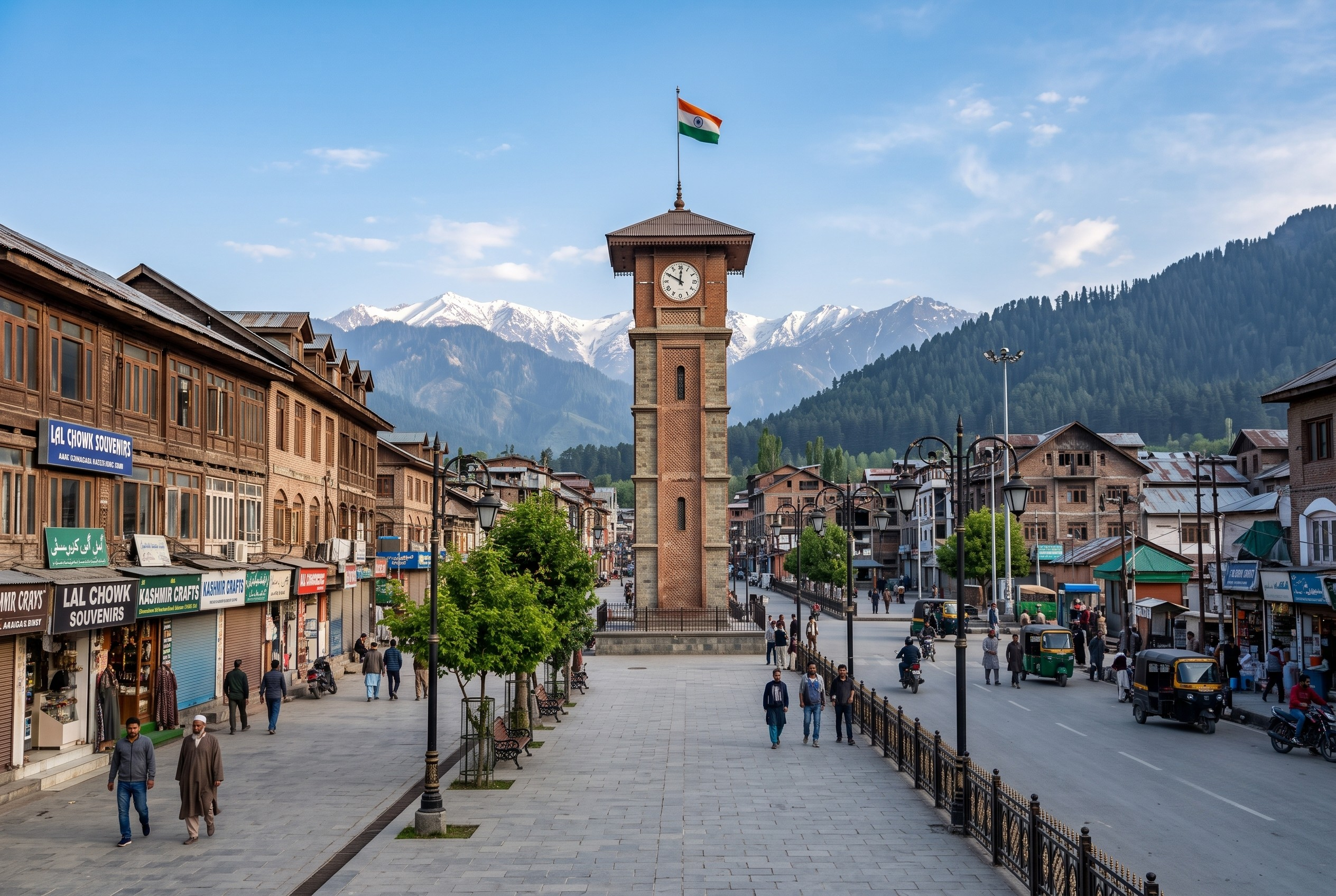 Lal Chowk Srinagar with Ghanta Ghar Clock Tower, markets and bustling city life