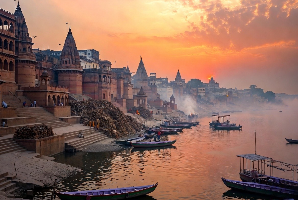 Distant, respectful view of boats on the Ganga River near the historic buildings of Manikarnika Ghat in Varanasi.