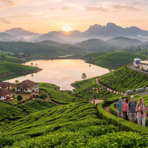 Lush green tea plantations of Munnar hill station in Kerala, India, featuring rolling hills and travelers walking along a scenic mountain pathway.