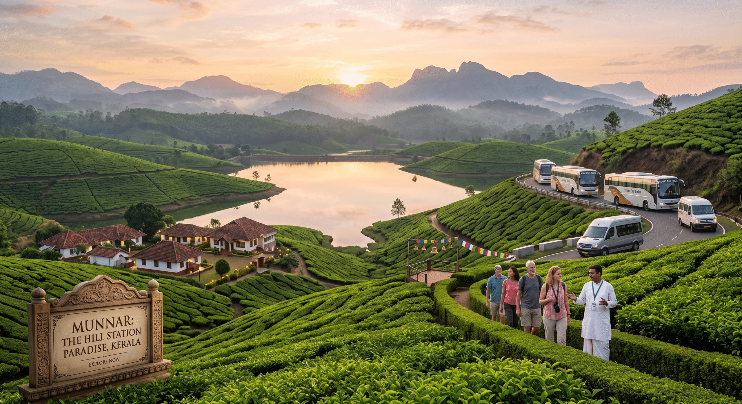 Endless rolling emerald-green tea plantations stretching across the mist-covered mountains of Munnar Kerala.