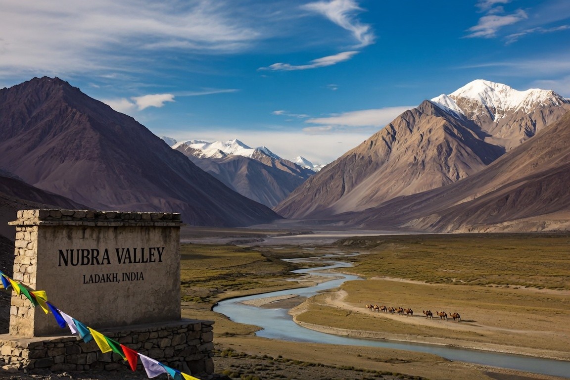 Double-humped Bactrian camels resting on the white sand dunes of Hunder in Nubra Valley, surrounded by towering mountain ranges.