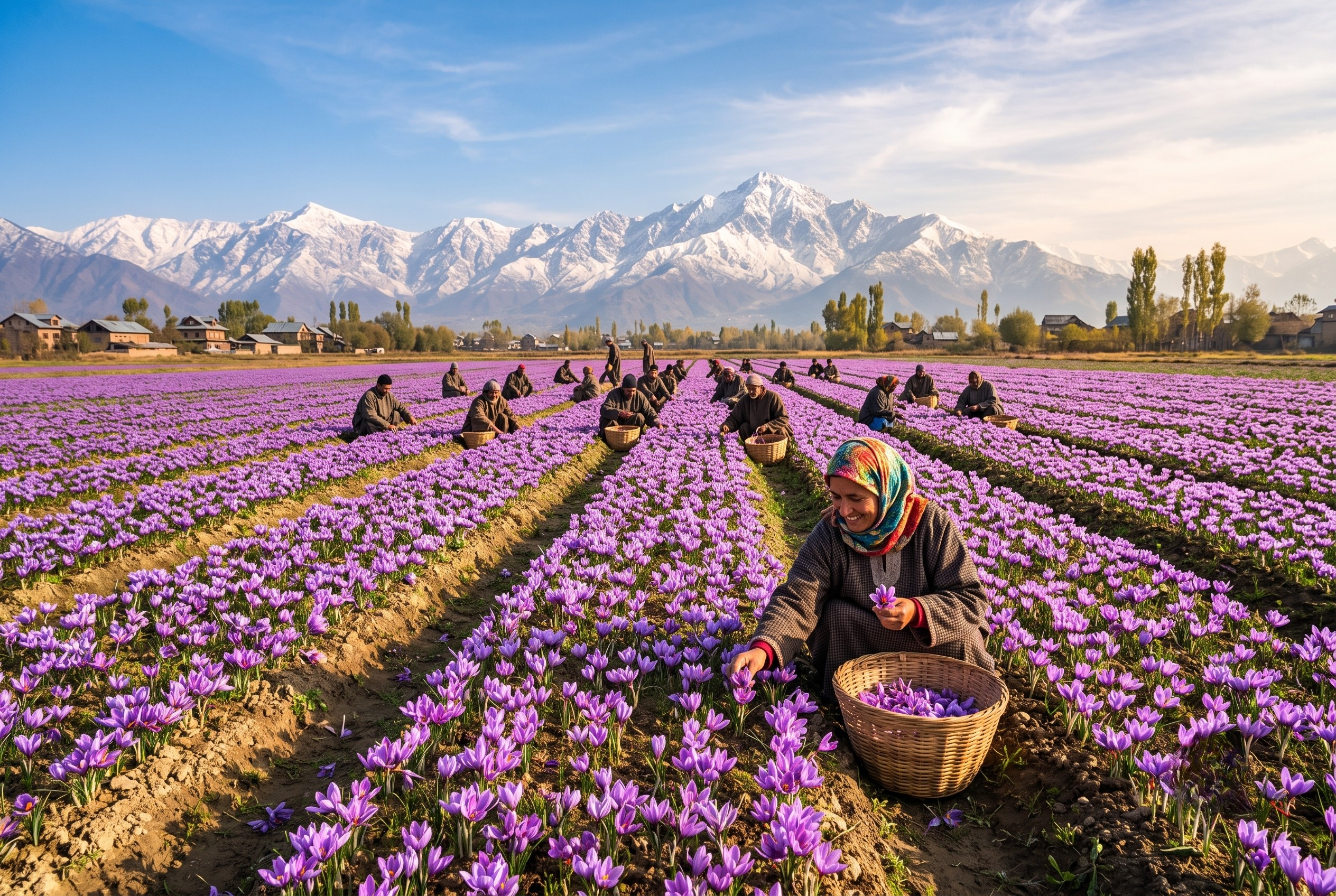 Pampore Saffron Fields Kashmir with purple Crocus flowers and farmers harvesting