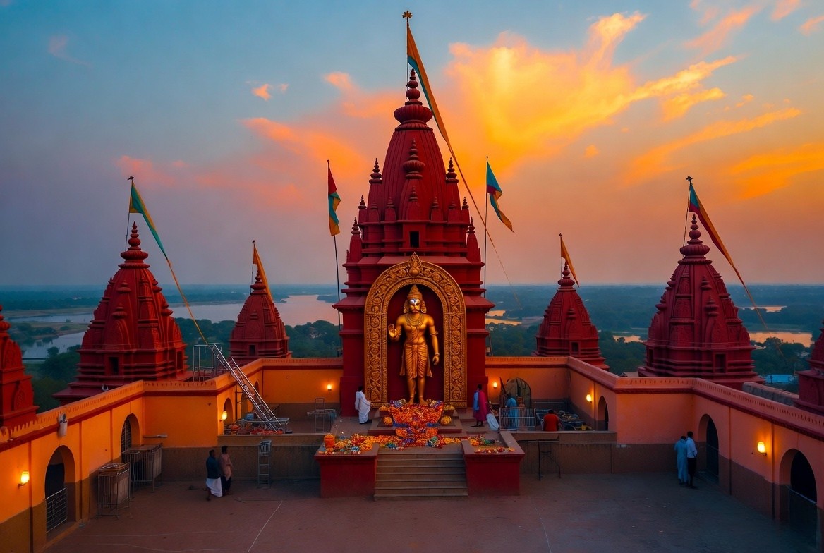 The vibrant entrance and peaceful courtyard of the historic Sankat Mochan Hanuman Temple near Assi River in Varanasi.