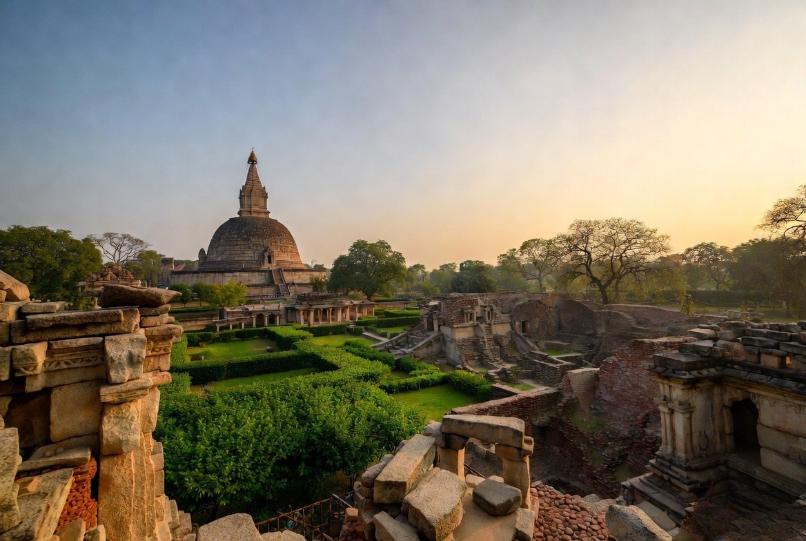 The massive brick structure of Dhamek Stupa standing inside the green lawns of the Sarnath archaeological park near Varanasi.
