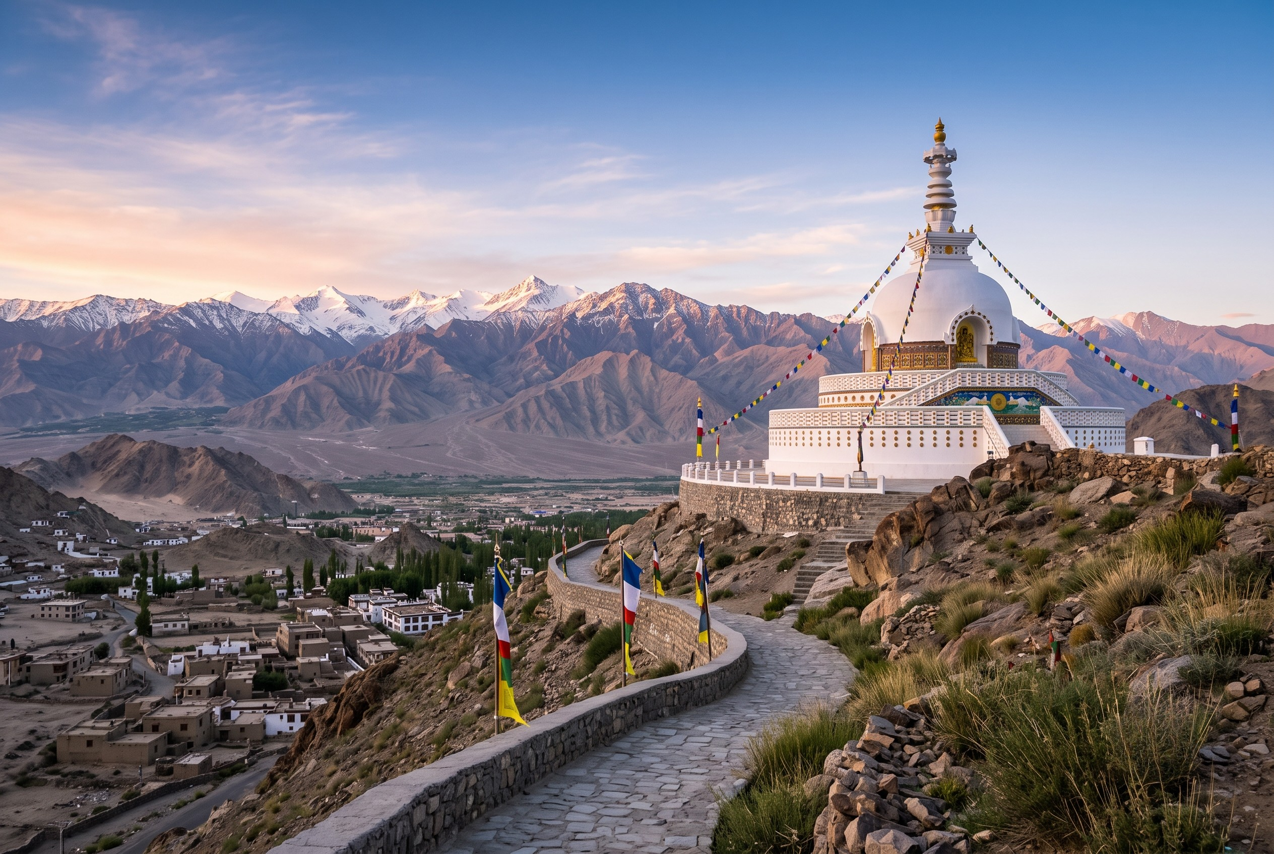 Shanti Stupa Leh with panoramic view of Leh town, Leh Palace and Zanskar mountains