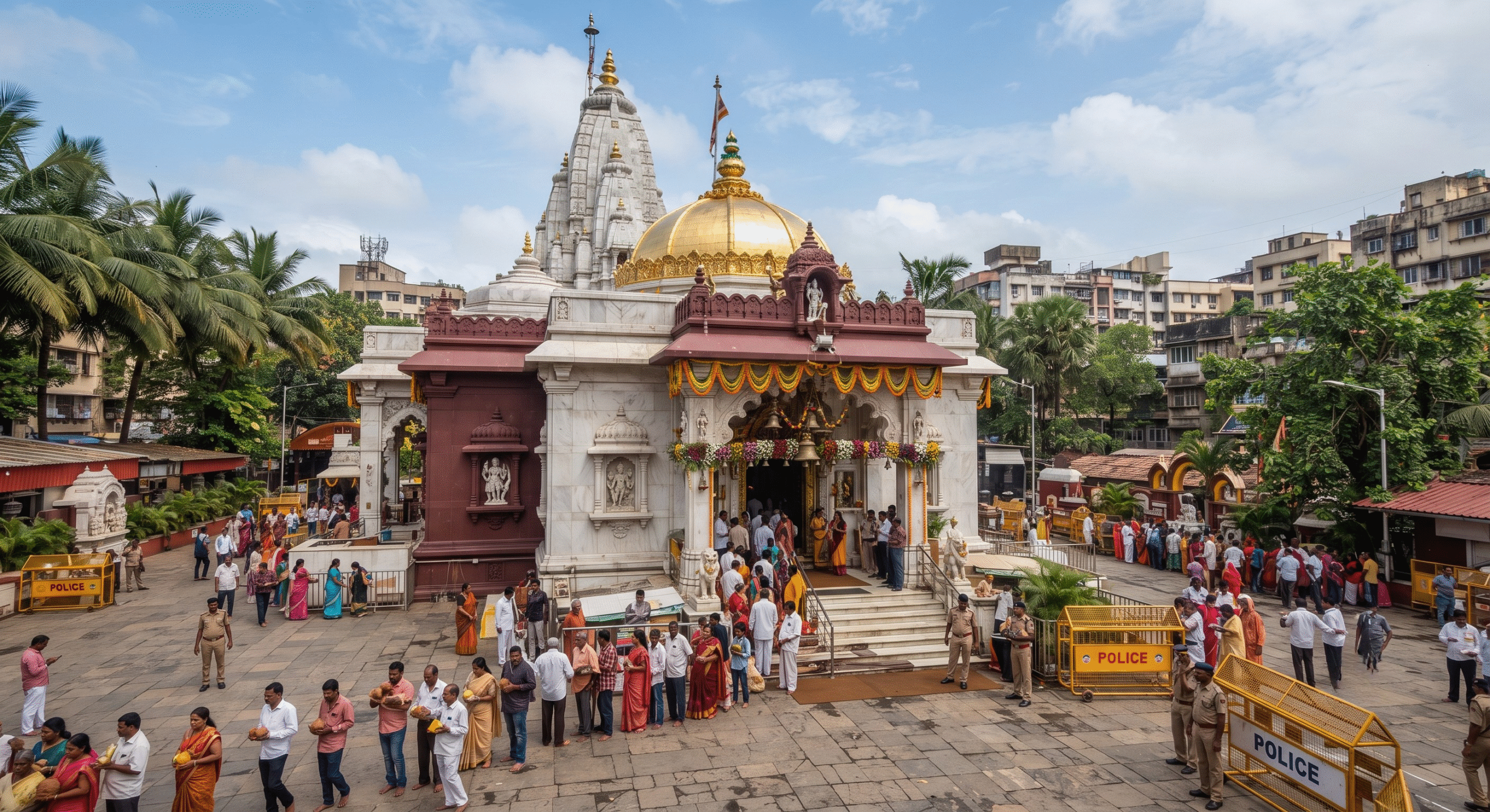 The gold-plated inner sanctum and beautiful architecture of the historic Siddhivinayak Temple Mumbai during a daily darshan.