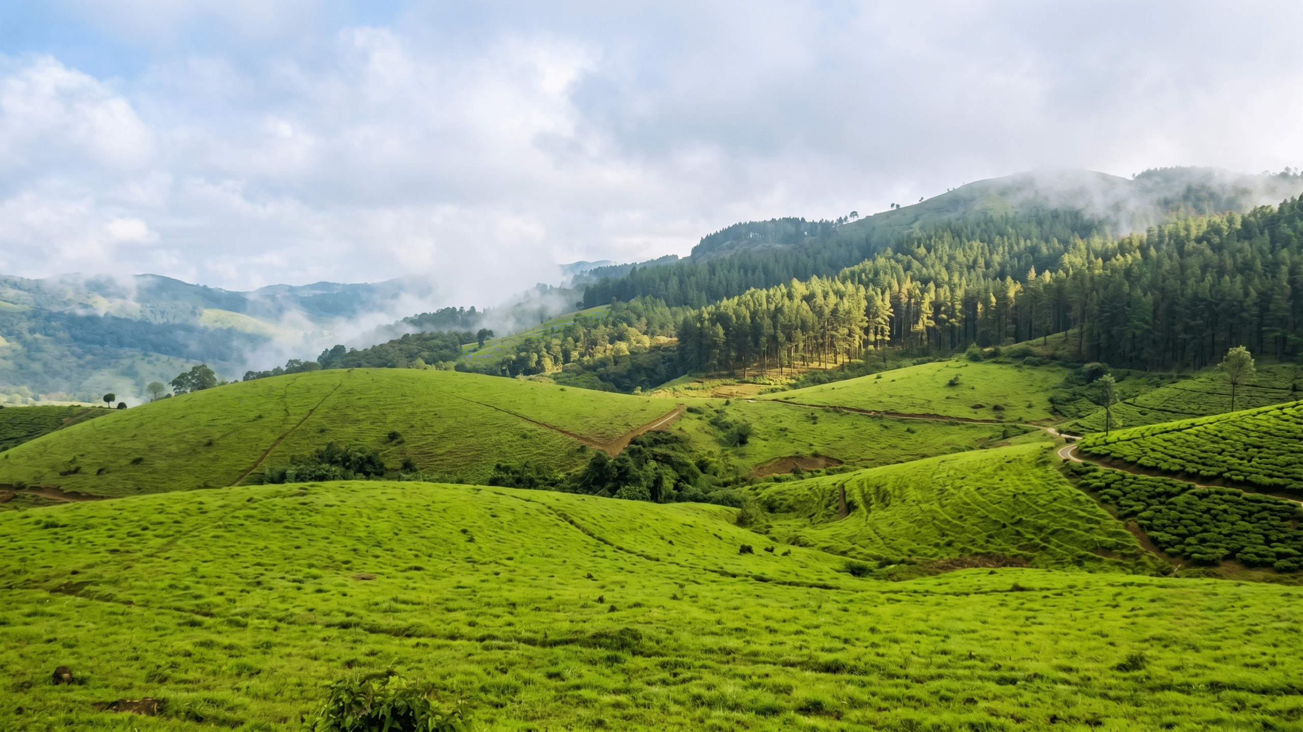 The rolling green meadows and misty pine forests of the peaceful Vagamon Kerala hill station under a cloudy sky.