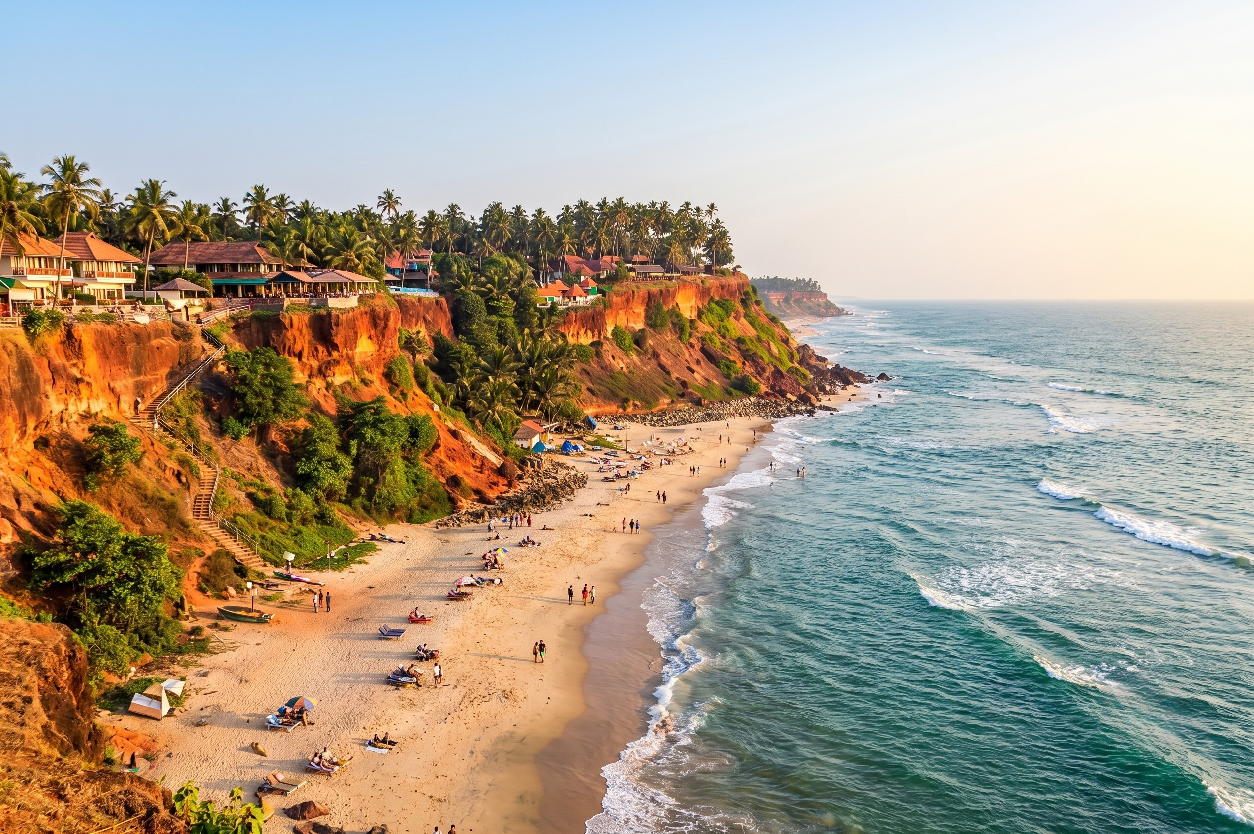 The towering red laterite cliffs of Varkala Kerala lined with cafes overlooking the sandy beach and the Arabian Sea.