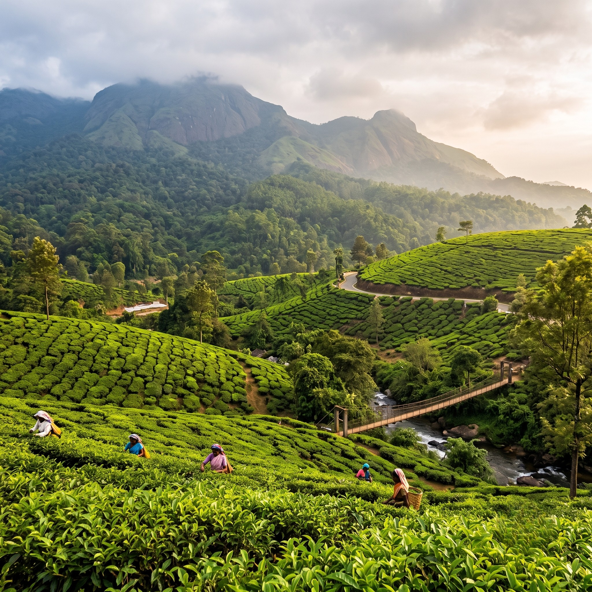 Lush green tea gardens and mist-covered mountain peaks in the beautiful hill station of Wayanad Kerala.